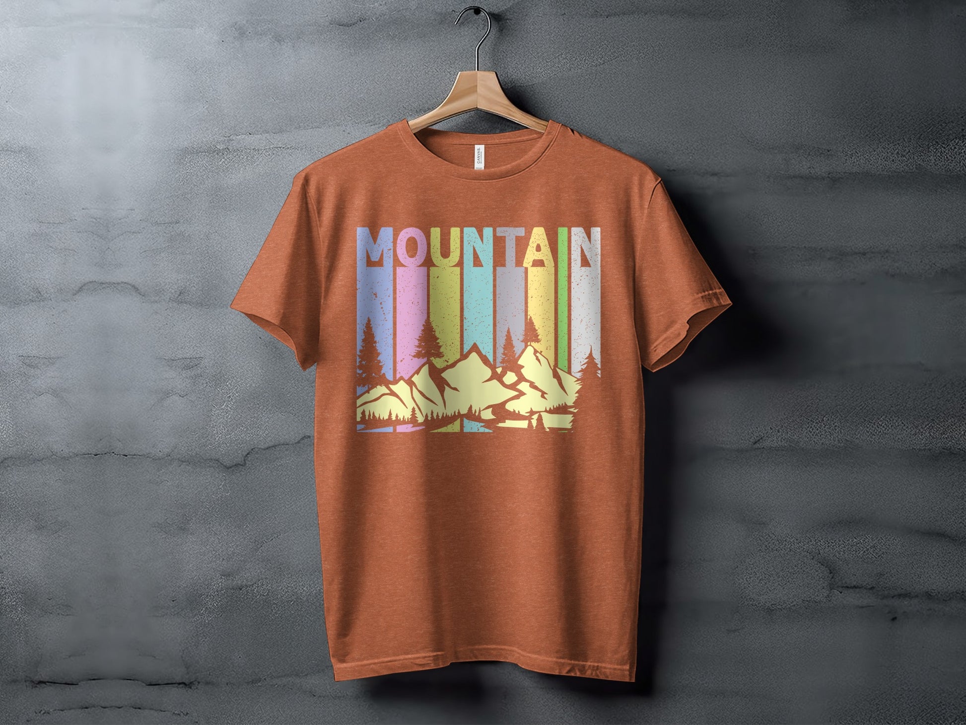 Retro Mountain Graphic T-Shirt with Forest and Sunset Design
