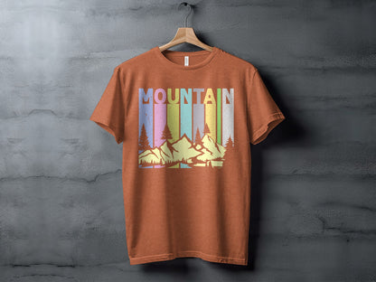 Retro Mountain Graphic T-Shirt with Forest and Sunset Design