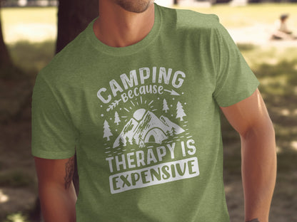 Camping Because Therapy Is Expensive Graphic T-Shirt T-Shirt - Outdoor & Adventure Collection - Mile Marker 16 Gear by Cloud 16 Clothing Co.