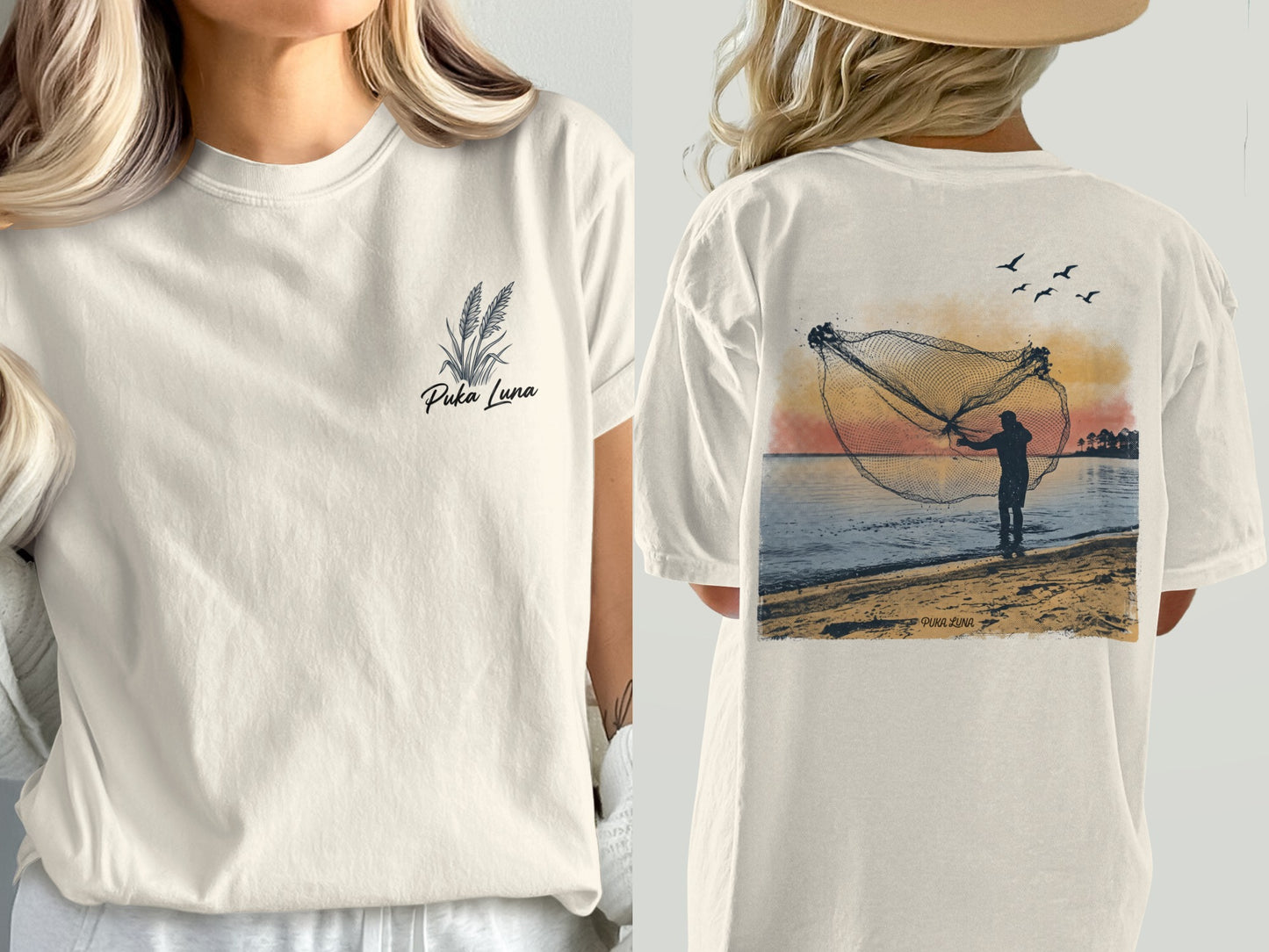 Cream t-shirt with Puka Luna logo on front and fisherman casting net at sunset on back.