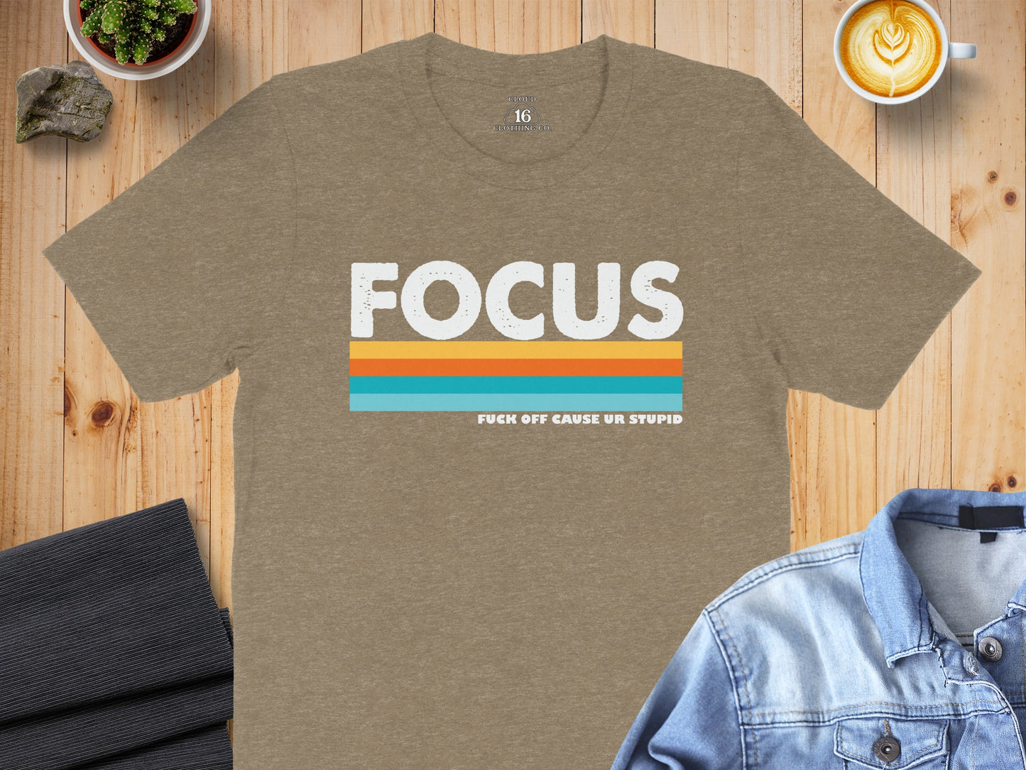 Focus Graphic Tee with Colorful Stripes Design