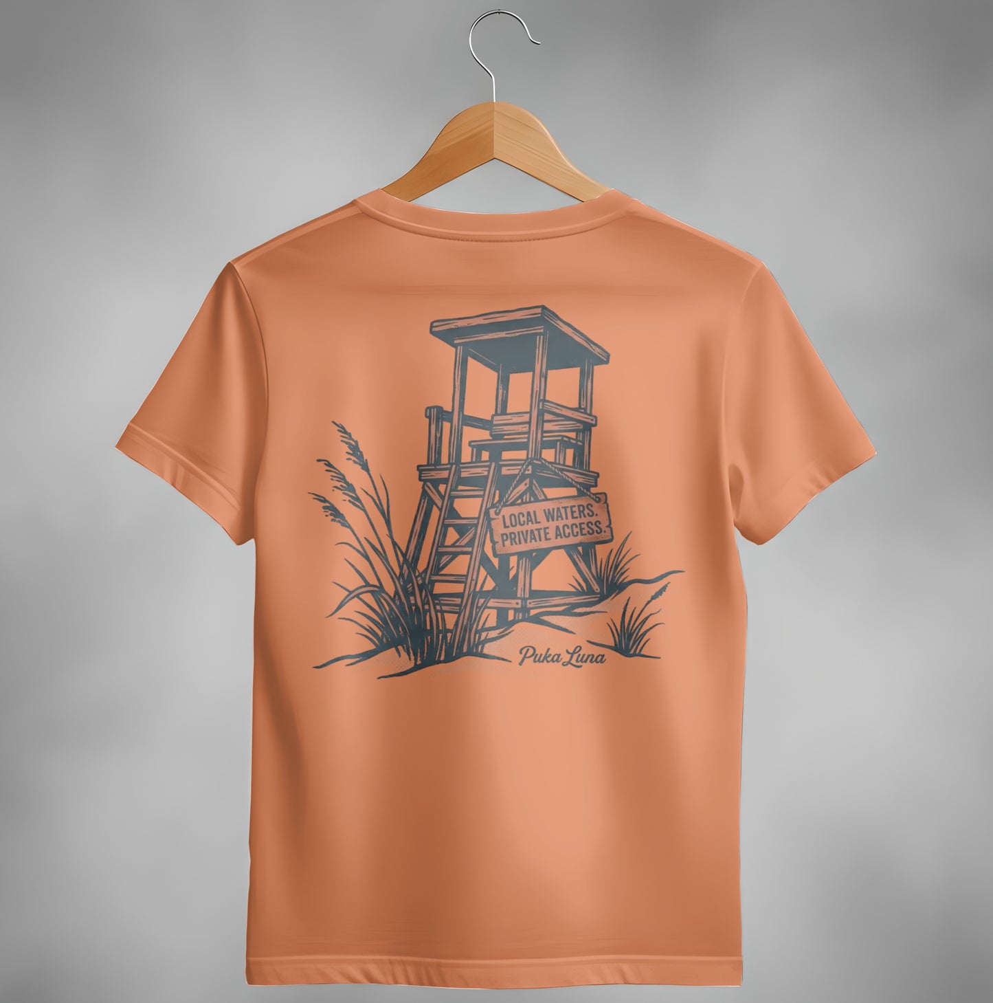 Orange t-shirt with lifeguard tower design and text "LOCAL WATERS PRIVATE ACCESS".