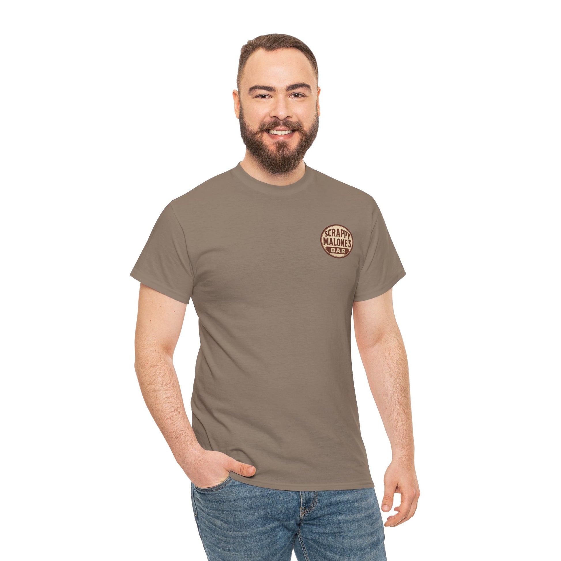 Man wearing a brown t-shirt with a logo on a white background