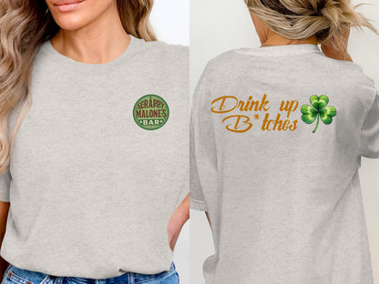 Scrappy Malone's Bar, Bar Logo Art, Irish Bar Sign, Shamrock Design, St Patricks Day Gift, Lucky Charm Bar Decor T-Shirt - Scrappy Malone's Bar 100-Proof Humor - Cloud 16 Clothing Co.