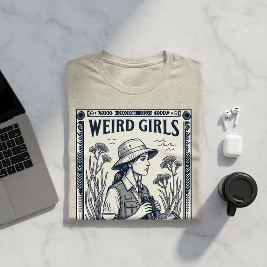 Light beige t-shirt with "Weird Girls" text and a woman with binoculars among flora.
