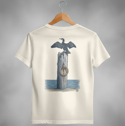 Cream t-shirt with a cormorant perched on a pilothouse with a ring.