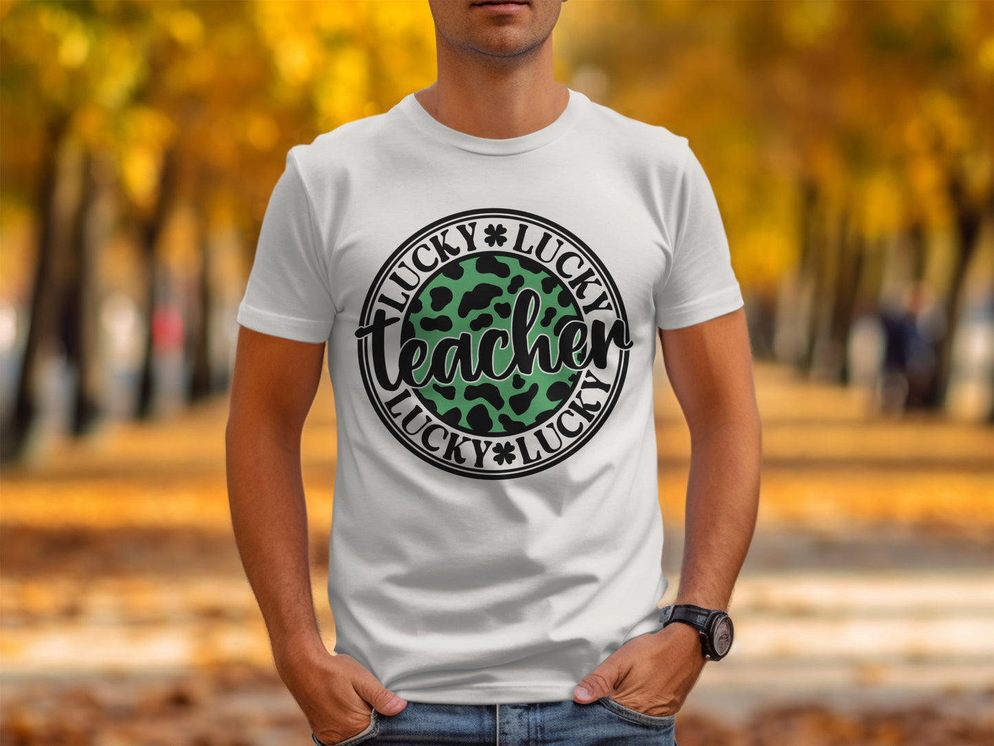 Lucky Teacher Green Leopard Print Graphic T-Shirt