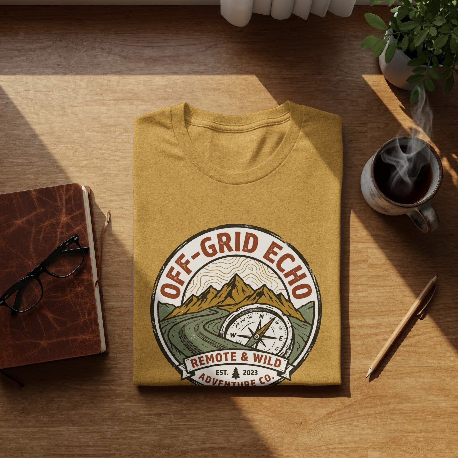 Off-Grid Echo Explorer: The Explorer's Adventure Tee: Yellow t-shirt with "Off-Grid Echo Remote & Wild Adventure Co." logo.