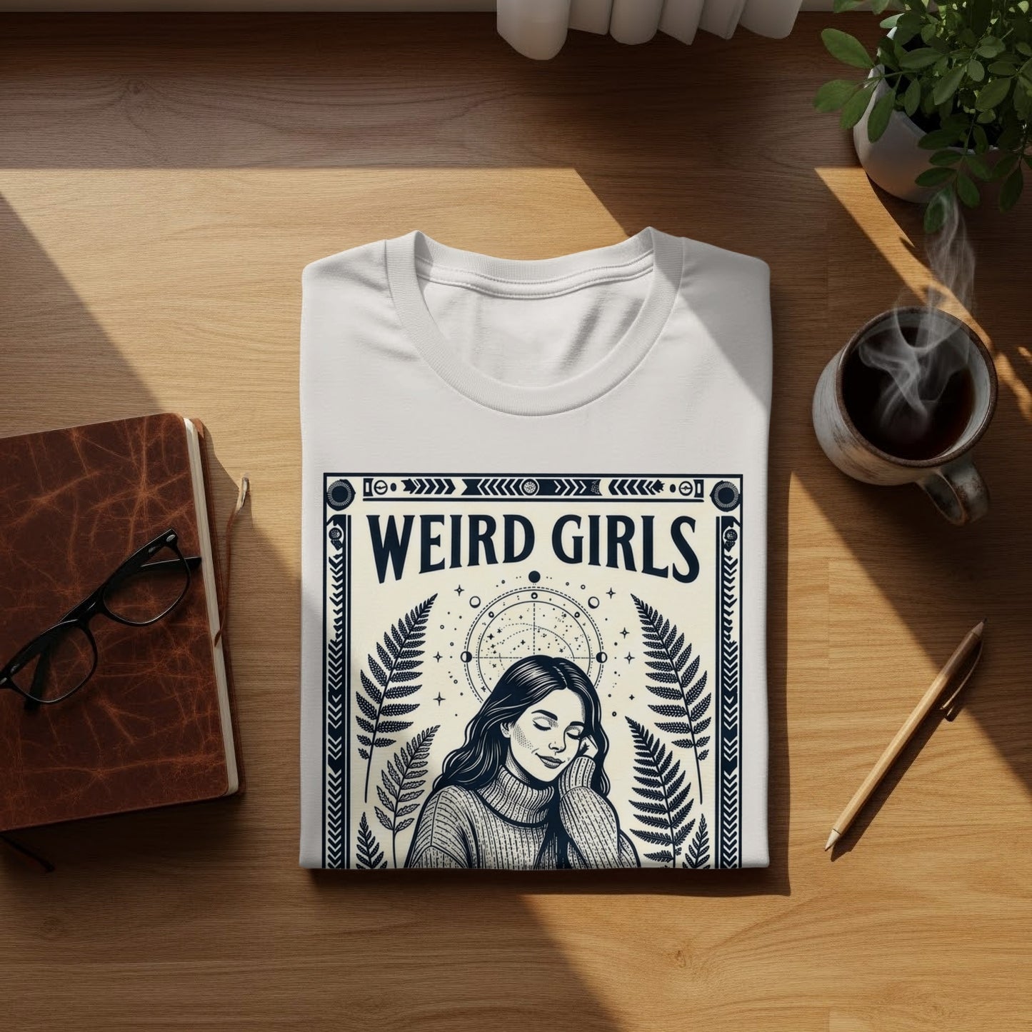 White t-shirt with "WEIRD GIRLS" text and celestial fern design.