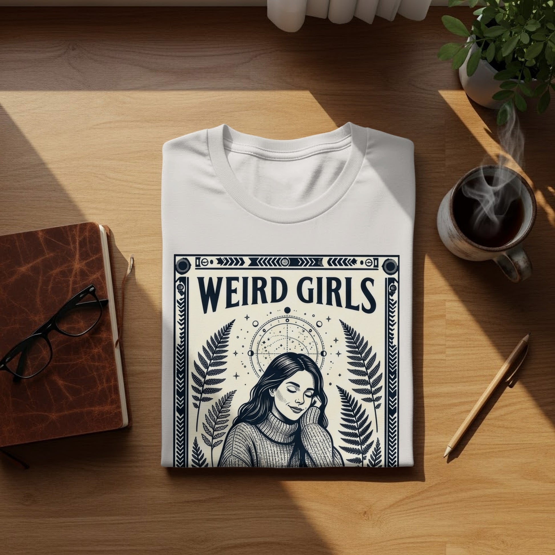 White t-shirt with "WEIRD GIRLS" text and celestial fern design.