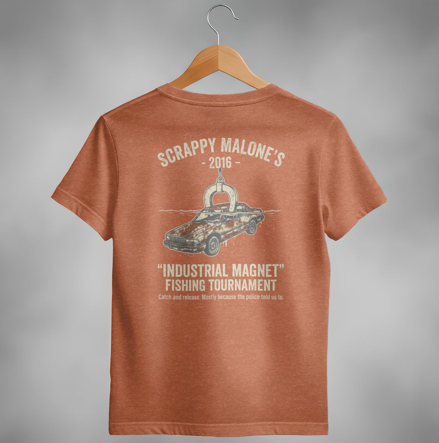 Scrappy Malone's 2016 Industrial Magnet Fishing Tournament t-shirt.