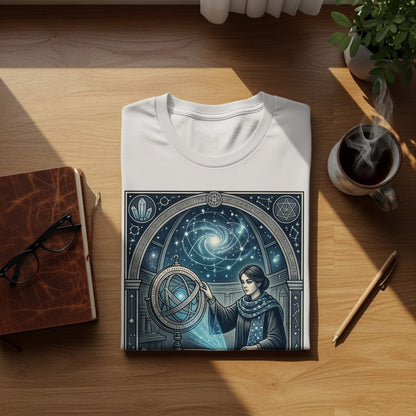 White t-shirt with graphic of woman using an astrolabe and celestial designs.