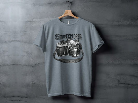 35mm Explorer Detour | Vintage Outdoor Apparel: Grey t-shirt with 35mm Explorer SLR camera graphic and "Take the Detour" text.