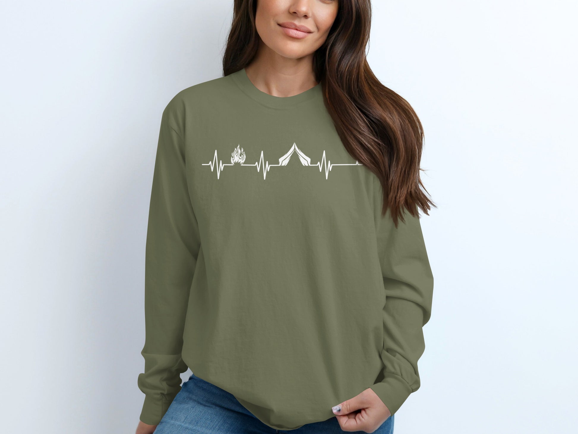 Camping Fire Tent Heartbeat Outdoor Adventure Long Sleeve T-Shirt Long Sleeve Tee - Outdoor & Adventure Collection - Mile Marker 16 Gear by Cloud 16 Clothing Co.