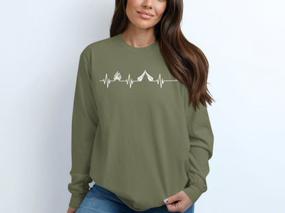 Camping Fire Tent Heartbeat Outdoor Adventure Long Sleeve T-Shirt Long Sleeve Tee - Outdoor & Adventure Collection - Mile Marker 16 Gear by Cloud 16 Clothing Co.