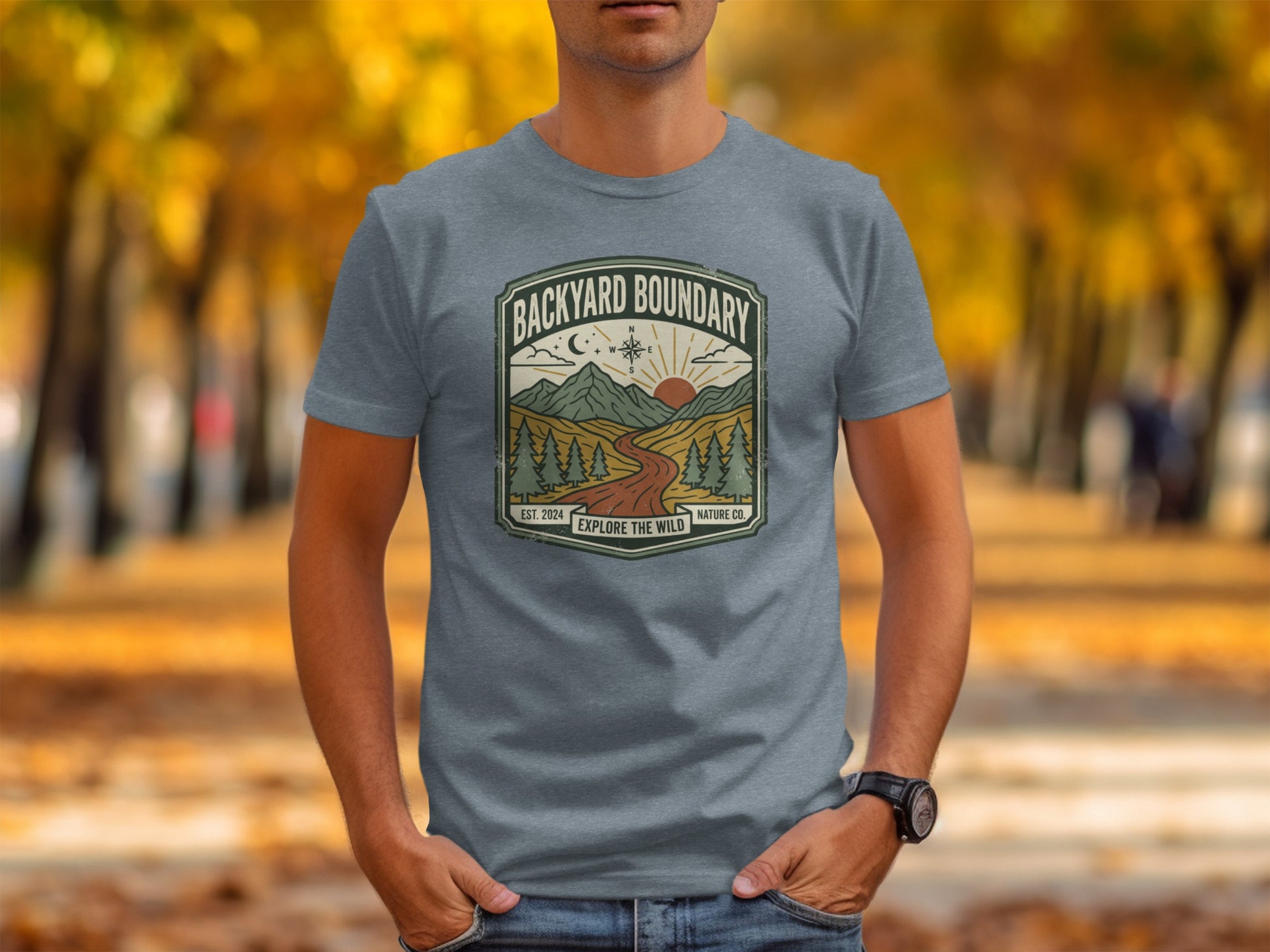 Rugged Backyard Boundary: Explore The Wild Wilderness Shirt: Backyard Boundary t-shirt with mountain landscape and sunburst.