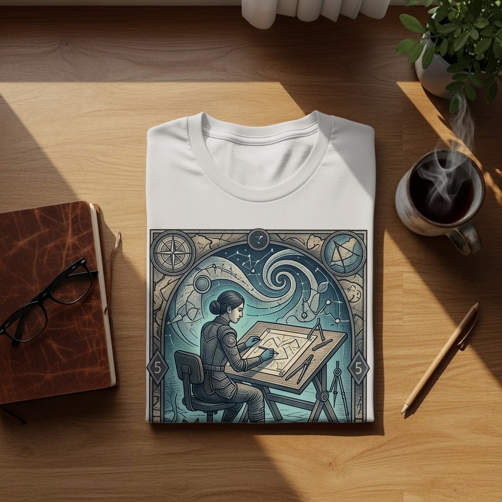 T-shirt with a stylized illustration of an astronomer drawing constellations and celestial objects.