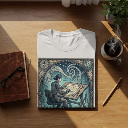 T-shirt with a stylized illustration of an astronomer drawing constellations and celestial objects.