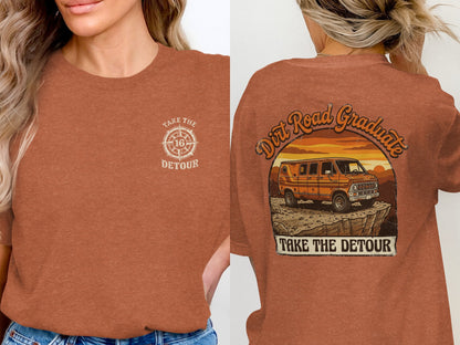 T-shirt with "Take the Detour" compass logo on front, and van graphic on back.