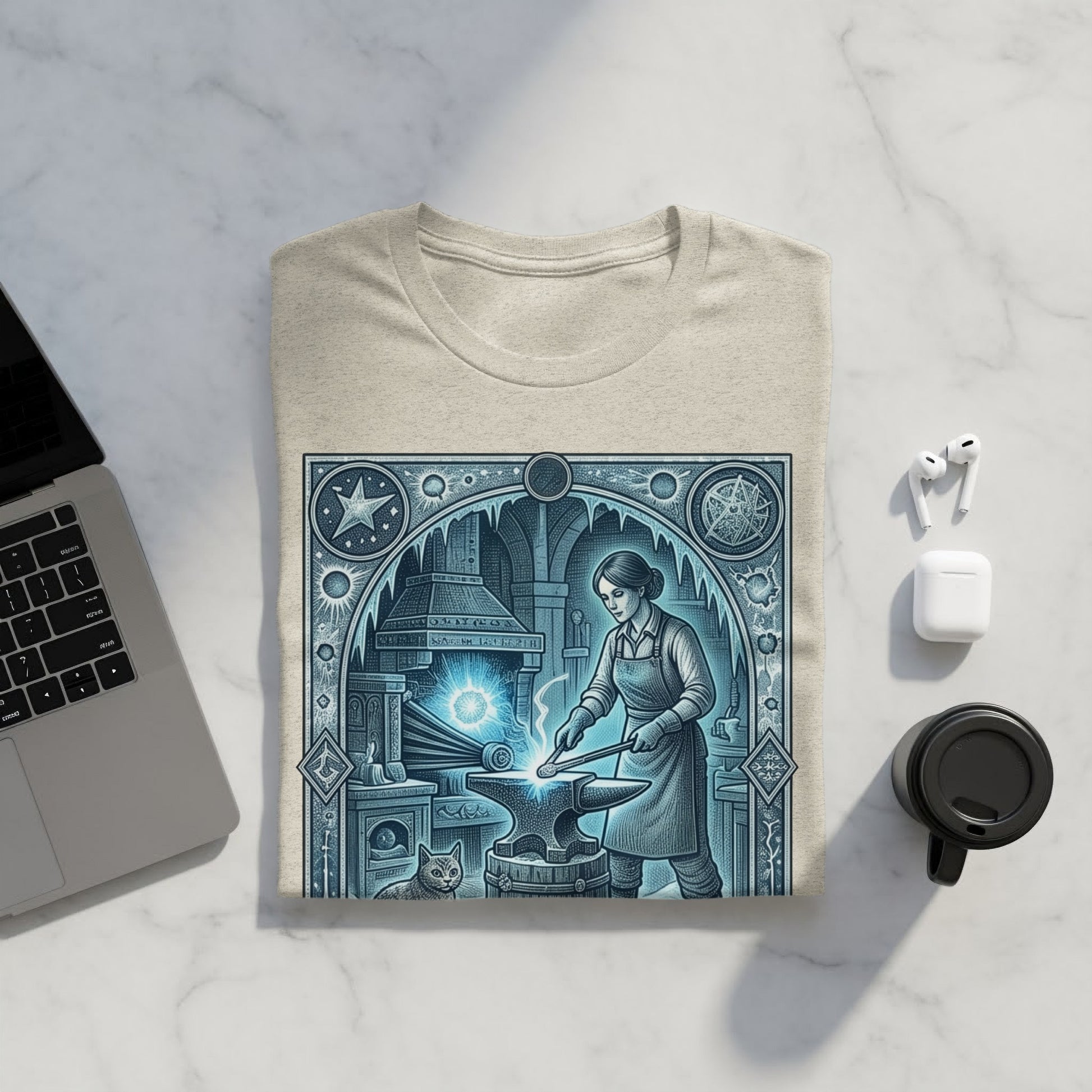 T-shirt with a linocut-style illustration of a blacksmith working at an anvil.