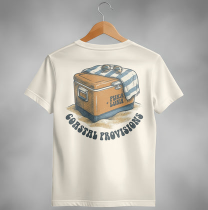 Cream t-shirt with beach cooler graphic and "Coastal Provisions" text.