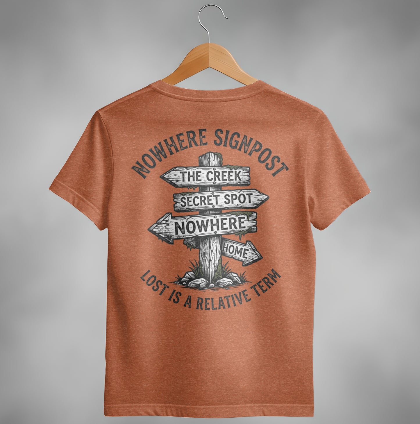 Orange t-shirt with "Nowhere Signpost" graphic featuring directional signs.