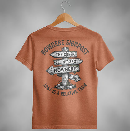 Orange t-shirt with "Nowhere Signpost" graphic featuring directional signs.