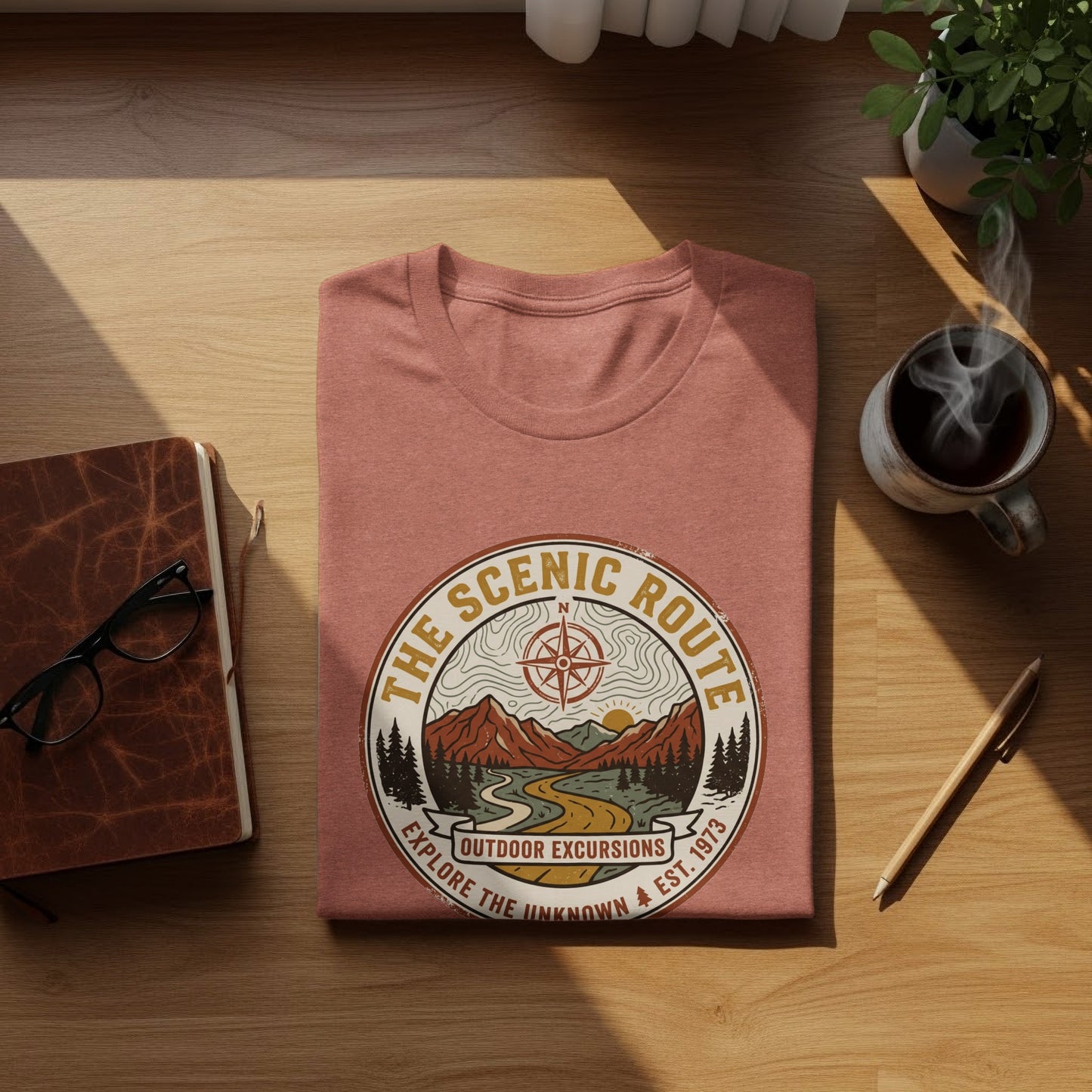 Heritage Scenic Route Vintage Explorer Tee Nomad Tee: T-shirt with circular "The Scenic Route" outdoor adventure graphic.