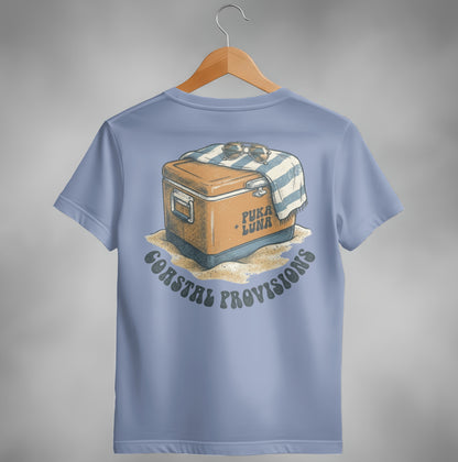 Coastal Provisions t-shirt graphic: cooler with sunglasses on a beach towel.