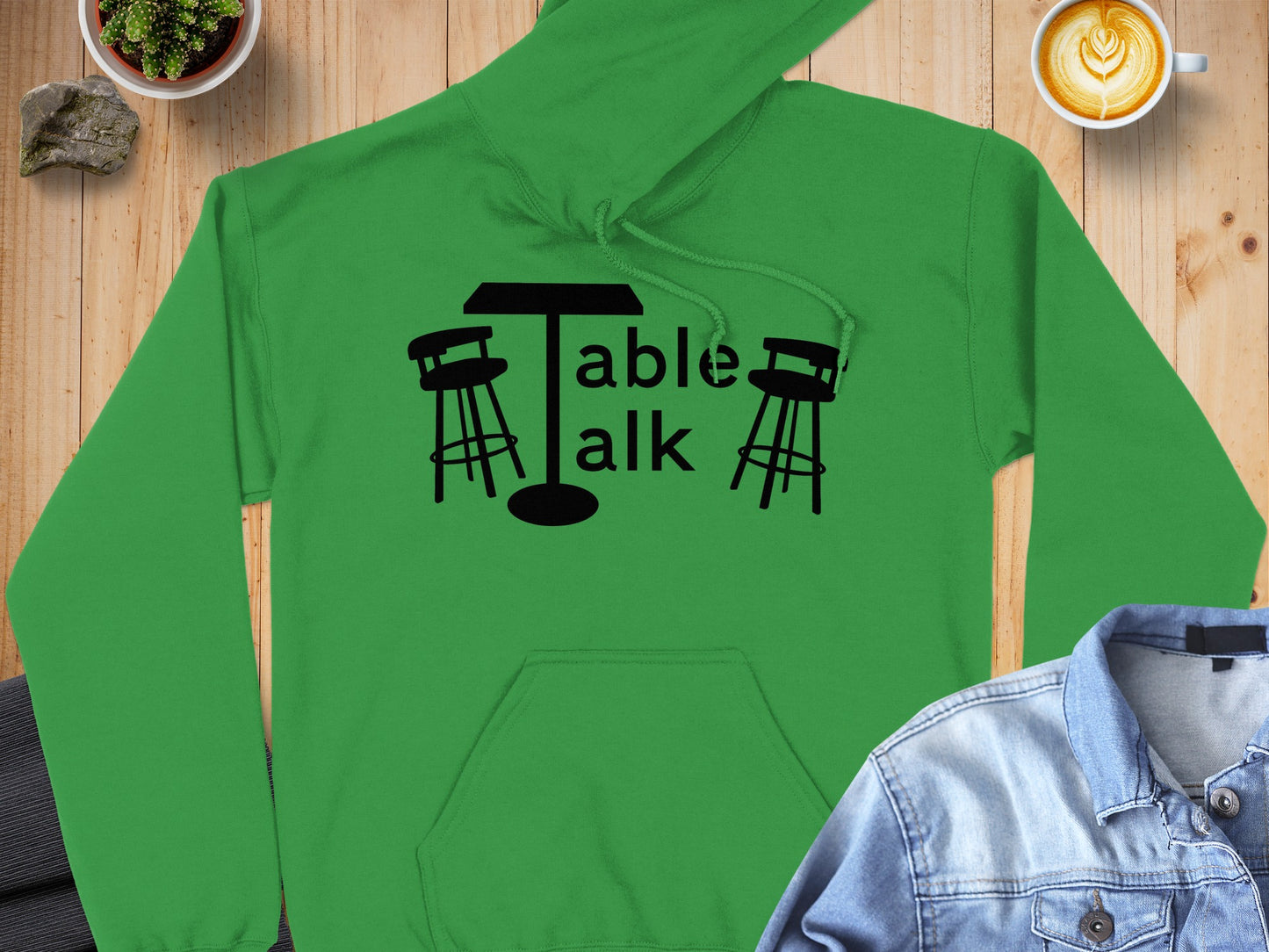 Green Table Talk Hoodie with Black Graphic Design