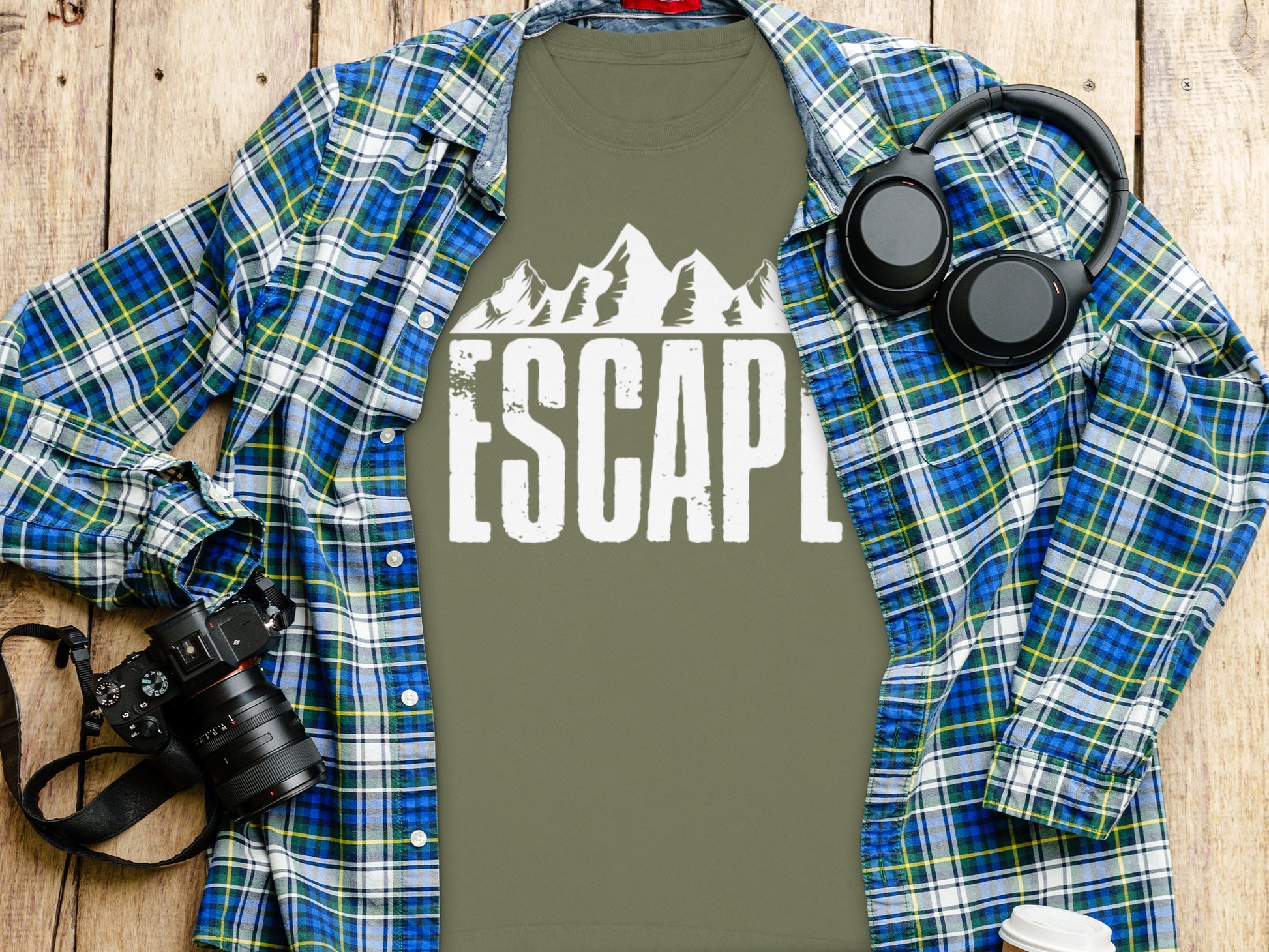 Mountain Escape Graphic T-Shirt with Plaid Shirt Layering