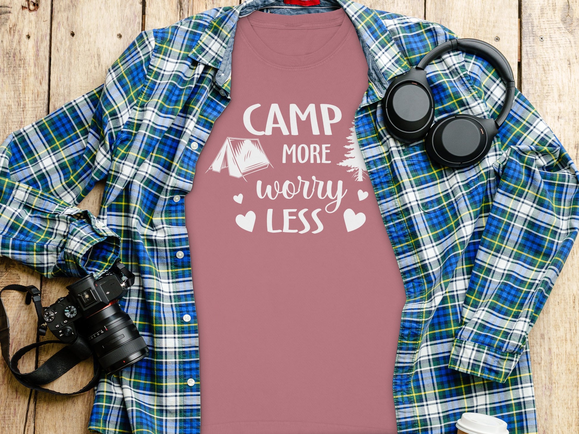 Camp More Worry Less Heart Design Camping T-Shirt
