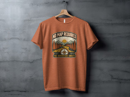 Heritage No Map Required: The Adventure Awaits Nomad Tee: Orange t-shirt with "No Map Required" graphic featuring mountains and a road.