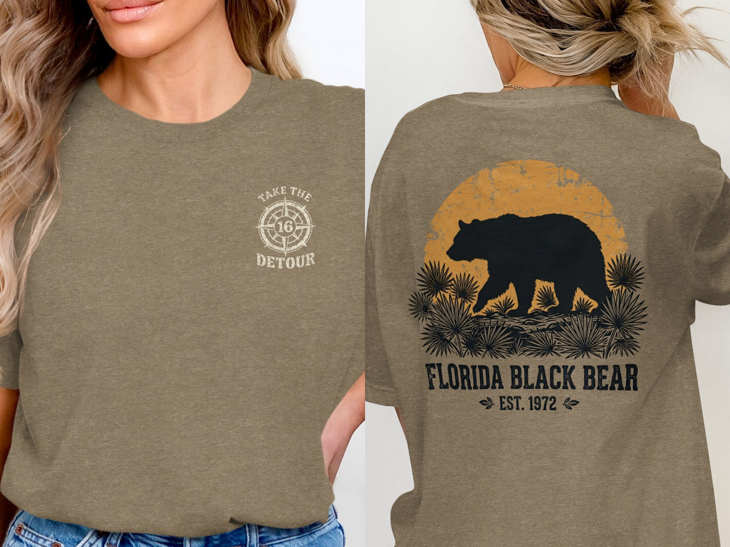 T-shirt with "Take the Detour" and compass on front, bear and sun graphic on back.
