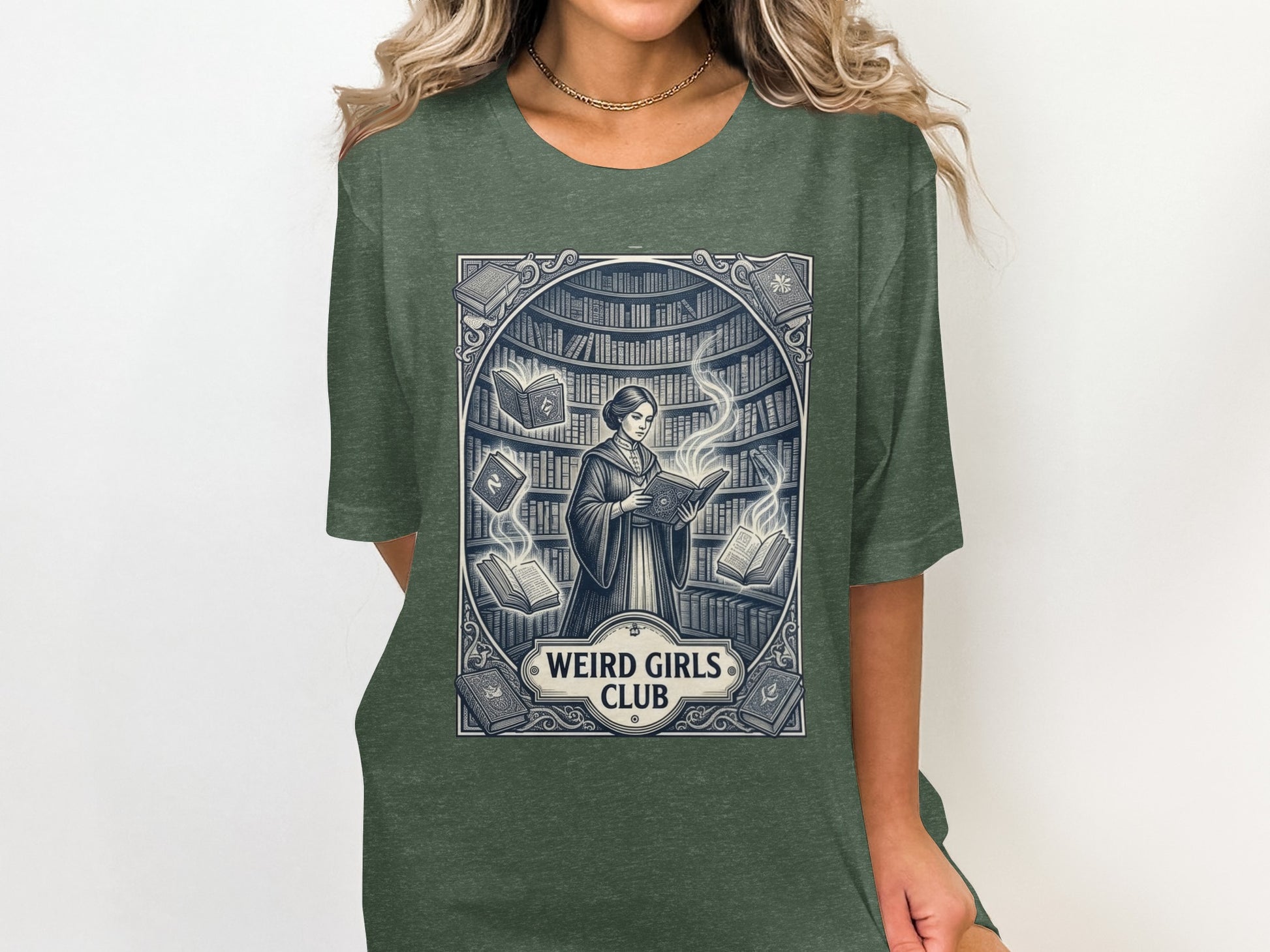 Green t-shirt with "Weird Girls Club" and a woman reading in a library.