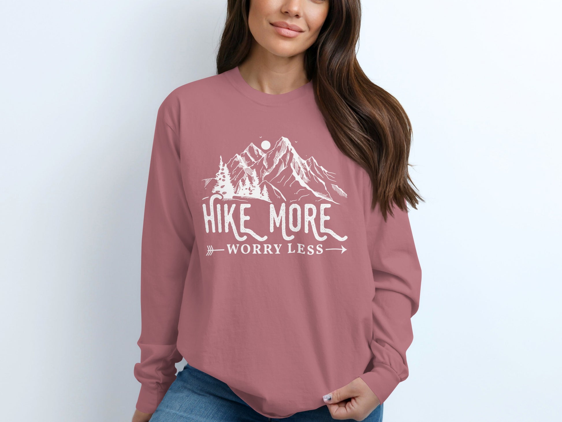 Hike More Worry Less Mountain Design Funny Outdoor Long Sleeve T-Shirt Long Sleeve Tee - Outdoor & Adventure Collection - Mile Marker 16 Gear by Cloud 16 Clothing Co.