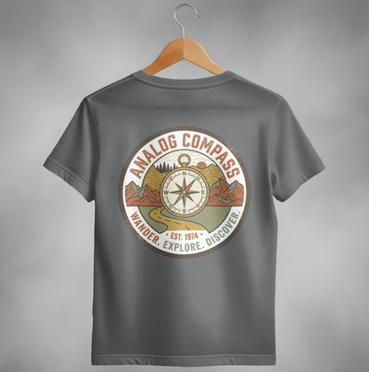 Gray t-shirt with a round "Analog Compass" graphic: Wander. Explore. Discover. Est. 1974.
