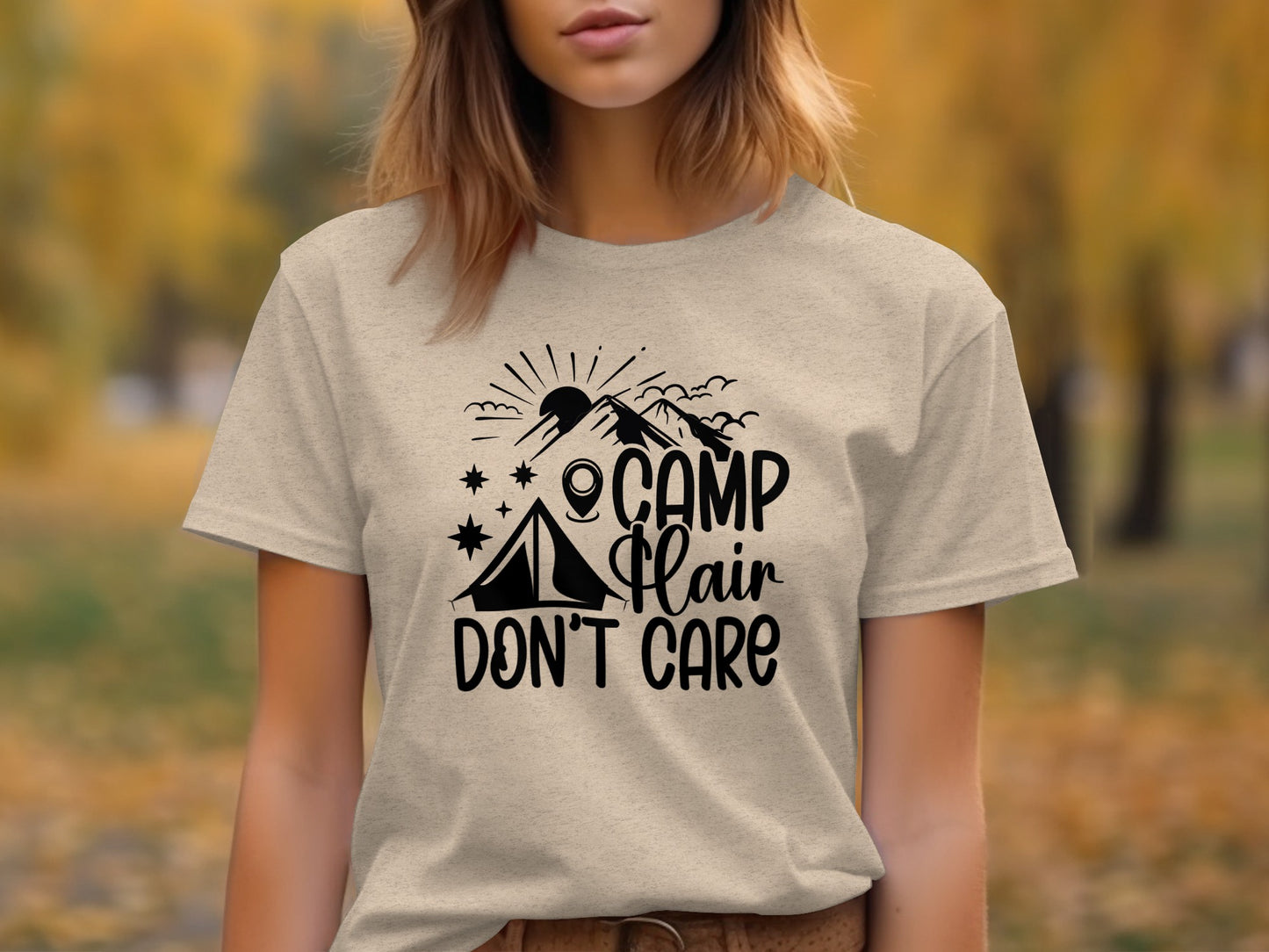 Camp Hair Dont Care with Mountain Scene Graphic T-Shirt T-Shirt - Outdoor & Adventure Collection - Mile Marker 16 Gear by Cloud 16 Clothing Co.