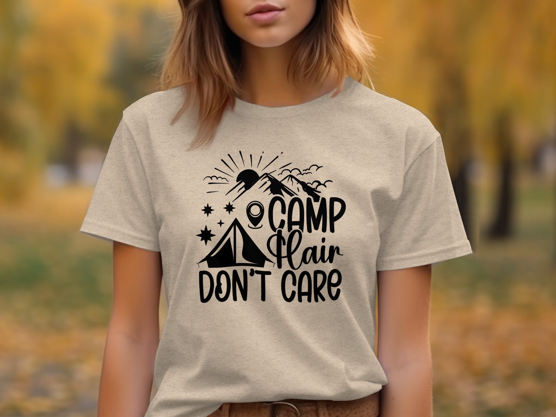 Camp Hair Dont Care with Mountain Scene Graphic T-Shirt T-Shirt - Outdoor & Adventure Collection - Mile Marker 16 Gear by Cloud 16 Clothing Co.