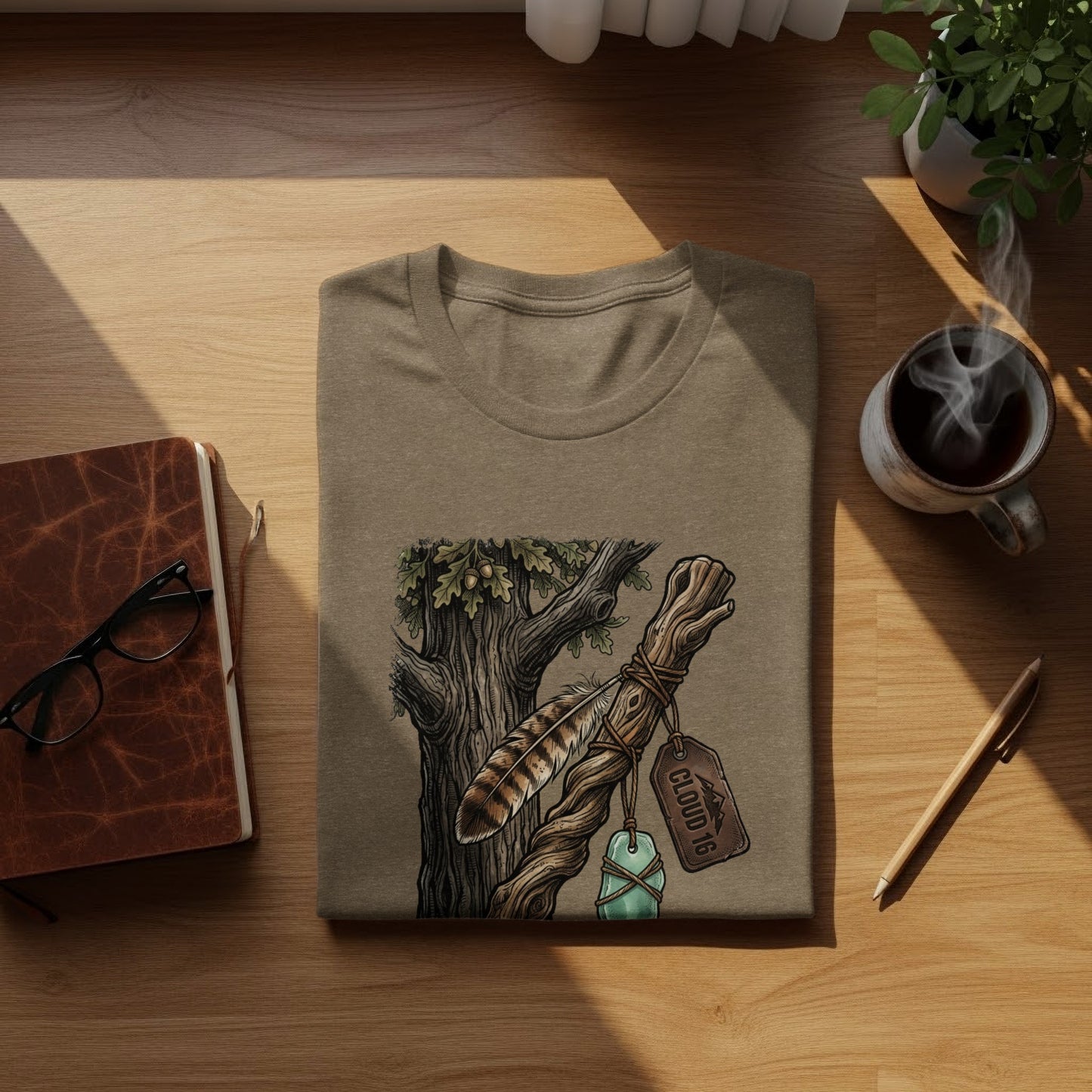 Heritage Walking Stick Spirit: Journey Nomad Tee: T-shirt with illustration of a feather tied to a branch, and a "CLOUD 16" tag.