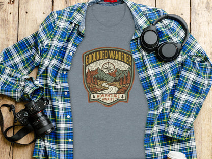 Heritage Grounded Wanderer Adventure Nomad Tee: Gray t-shirt with "Grounded Wanderer Adventure Awaits" nature graphic, laid flat with headphones.