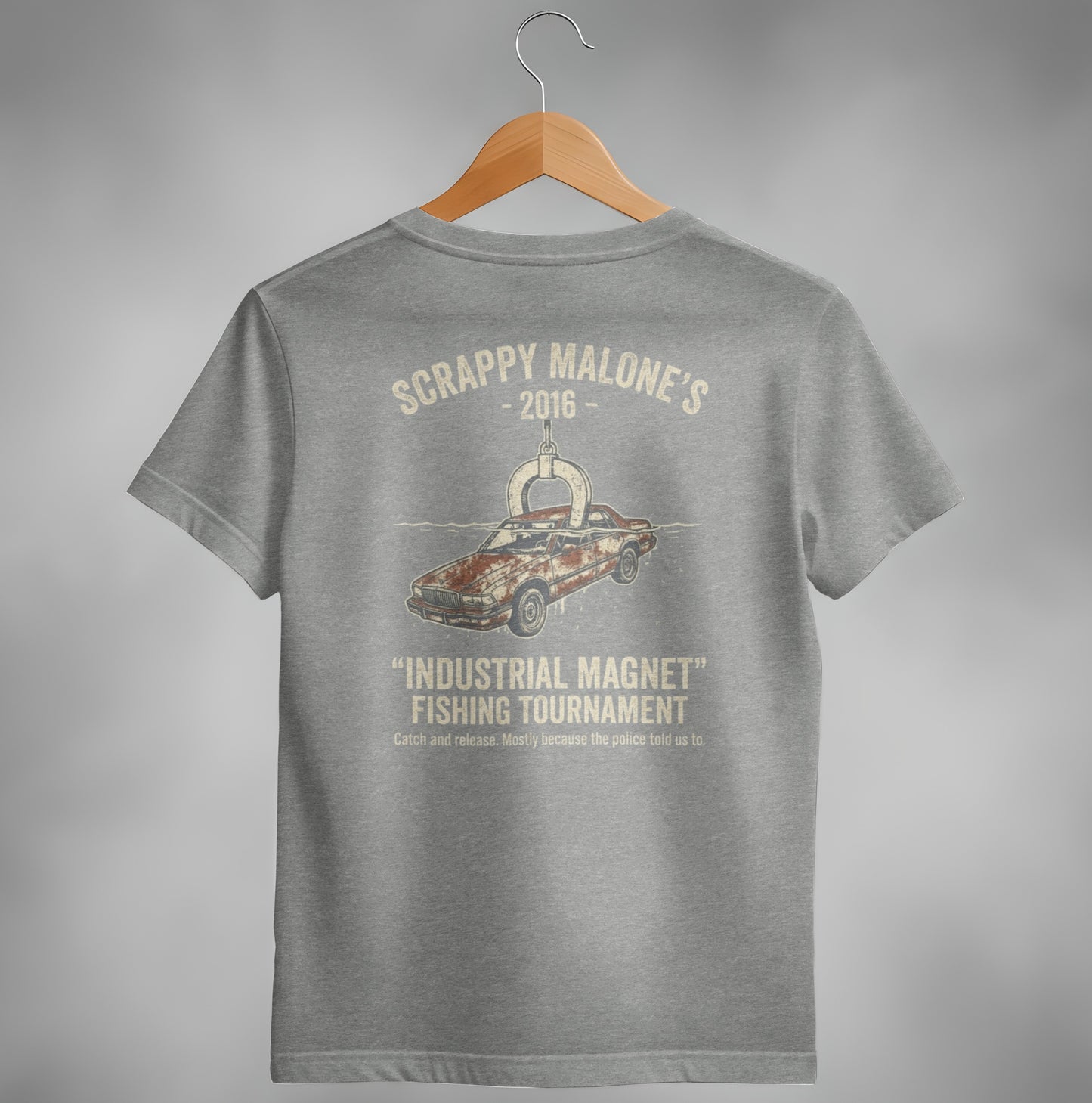 "Scrappy Malone's 2016 Industrial Magnet Fishing Tournament" graphic on a grey t-shirt.
