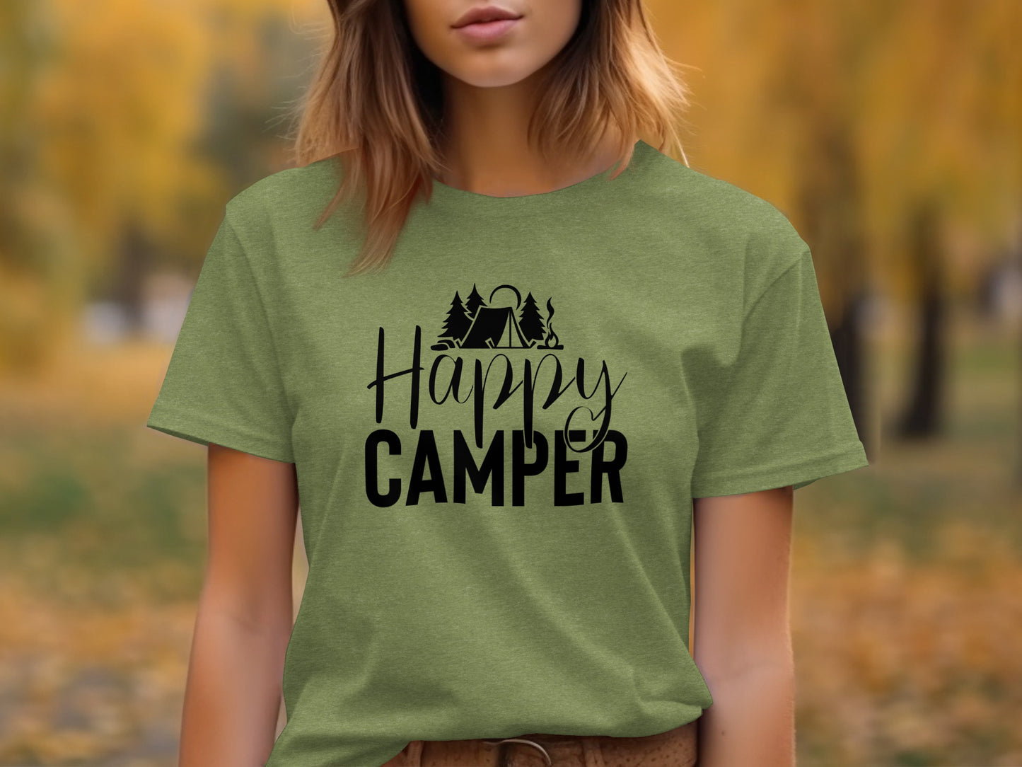 Happy Camper with Trees and Tent Adventure Nature T-Shirt T-Shirt - Outdoor & Adventure Collection - Mile Marker 16 Gear by Cloud 16 Clothing Co.