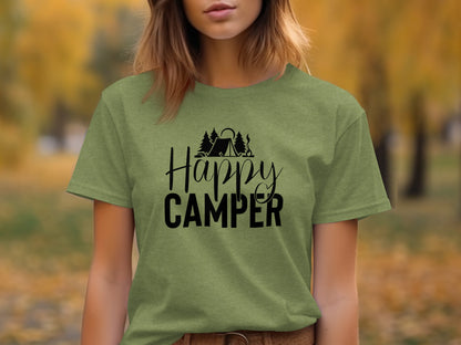 Happy Camper with Trees and Tent Adventure Nature T-Shirt T-Shirt - Outdoor & Adventure Collection - Mile Marker 16 Gear by Cloud 16 Clothing Co.