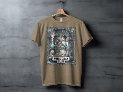 T-shirt with a distressed graphic of a woman in a lab with beakers and flasks.
