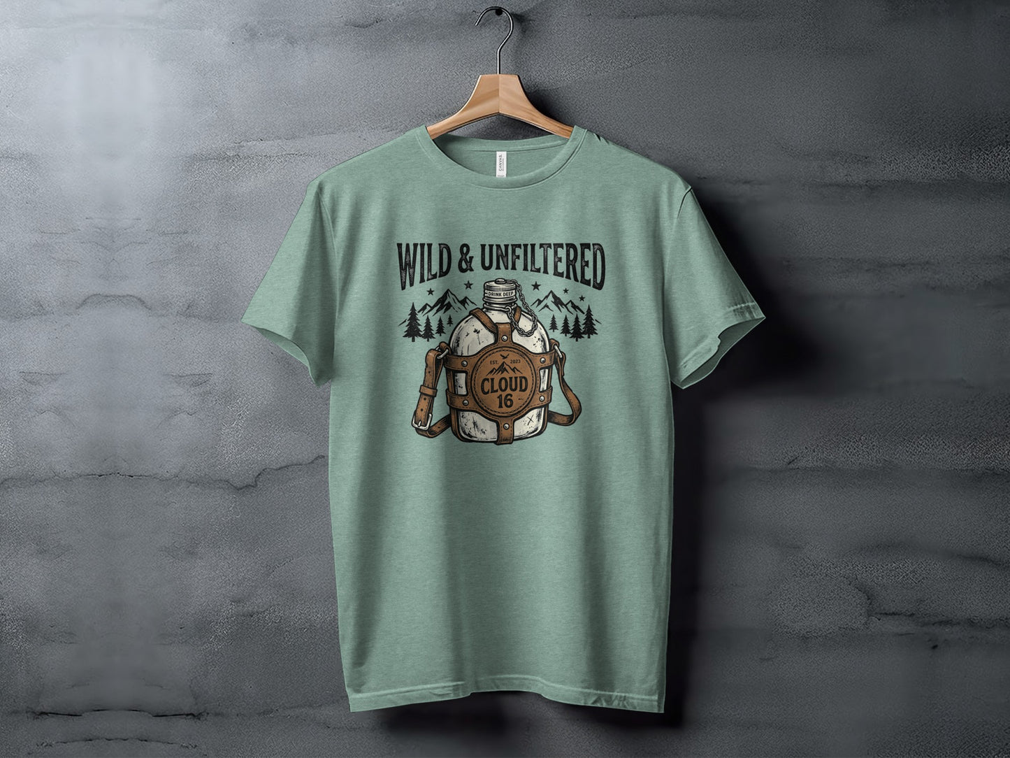 Rugged Wild & Unfiltered Spirit Wilderness Shirt: Green t-shirt with "Wild & Unfiltered Cloud 16" logo featuring a canteen and mountains.
