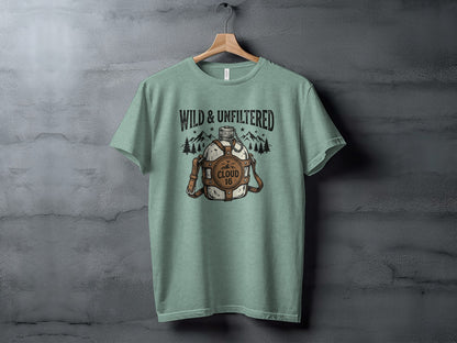 Rugged Wild & Unfiltered Spirit Wilderness Shirt: Green t-shirt with "Wild & Unfiltered Cloud 16" logo featuring a canteen and mountains.