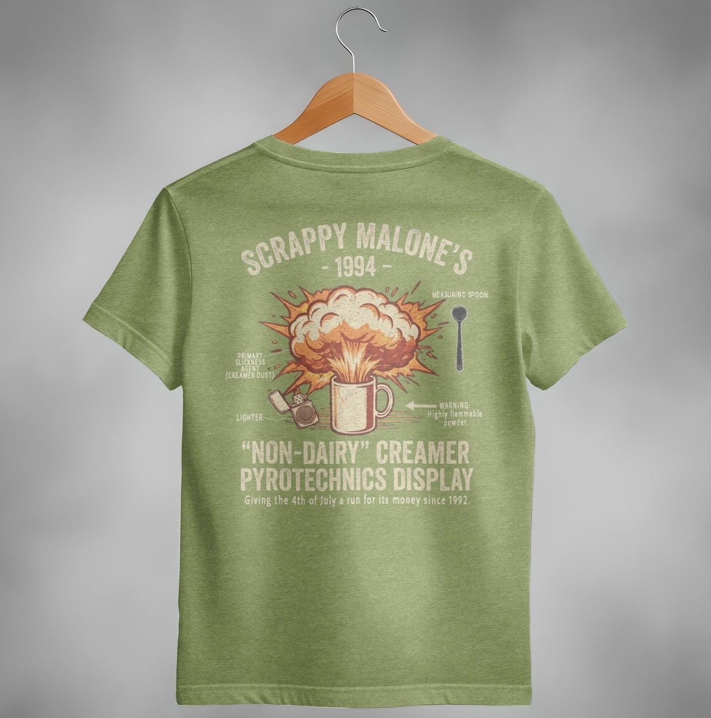 T-shirt graphic: explosion, creamer, lighter, measuring spoon, and text about "Scrappy Malone's".