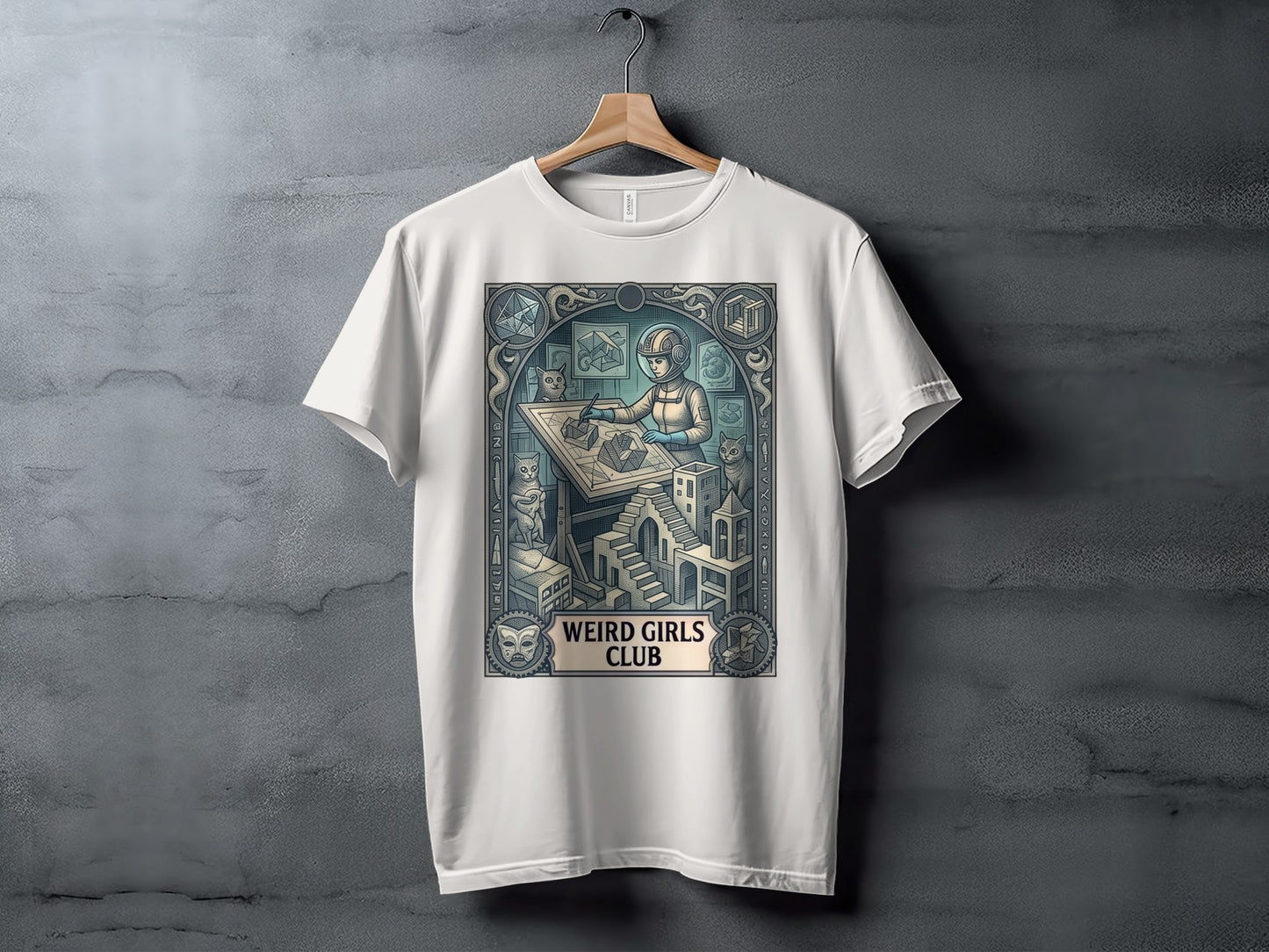 White t-shirt with "Weird Girls Club" design featuring a person at a drawing table.