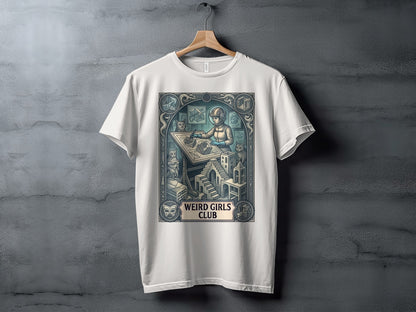 White t-shirt with "Weird Girls Club" design featuring a person at a drawing table.